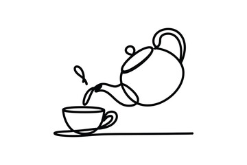 Continuous Line Drawing of a Teapot Pouring Liquid into a Teacup with Steam.