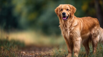 Obraz premium Golden Retriever Dog Standing Outdoors in Nature with Happy Expression