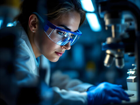 A scientist, wearing protective glasses and gloves, works under bright lights in a lab.