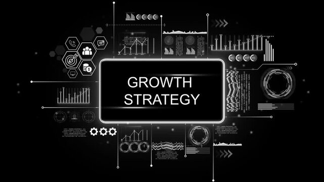 Futuristic growth strategy digital interface with financial charts and business icons on black background - Powered by Adobe