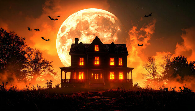 A haunted Victorian house glows ominously under a giant orange harvest moon, bats circling amidst a fiery, spooky sky. - Powered by Adobe