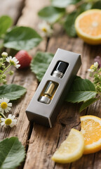 Aromatic e-liquid pods in packaging surrounded by fresh chamomile, lemon, and green leaves for a natural wellness concept