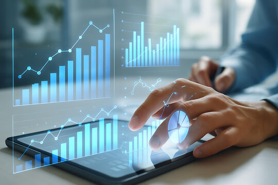 Business analytics with digital graphs shown on tablet device and professional hand analyzing financial data statistics performance and growth - Powered by Adobe