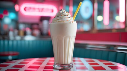 creamy milkshake in a tall glass with whipped cream and a colorful straw