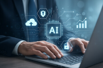 Business professional typing on laptop with futuristic artificial intelligence hologram including cloud analytics and security technology icons