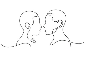 Continuous line drawing of two people faces looking at each other representing conversation communication and relationship