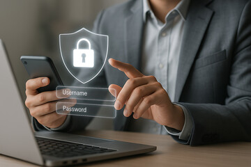 Business professional using smartphone and laptop with secure digital login interface showing password and username fields