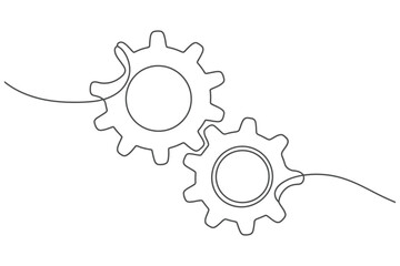 Continuous line drawing of industrial gear wheels symbolizing mechanism engineering teamwork and business process vector illustration