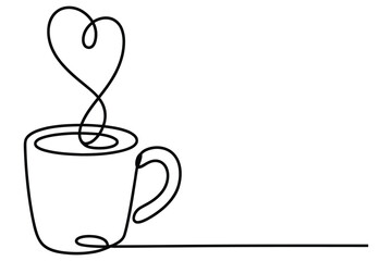 One line drawing of coffee cup with heart shaped steam representing love romance and morning energy illustration