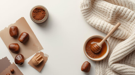 Cozy autumn scene with chestnuts, honey, and knitted sweater evokes warmth and comfort