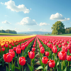 Vibrant tulip field with red and yellow blooms under blue sky 