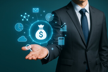 Businessman presenting glowing finance icons with money bag chart calculator and growth symbols representing investment and profit