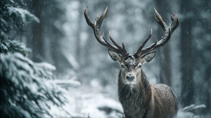 Majestic Stag with Antlers Covered in Snow Gazes Intently in a Winter Forest