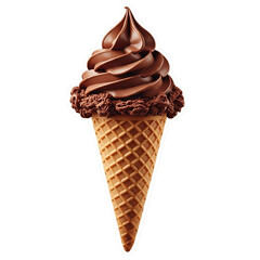 Photo of a softserve chocolate ice cream cone with a swirl top and crunchy waffle cone, presented against a clean transparent background