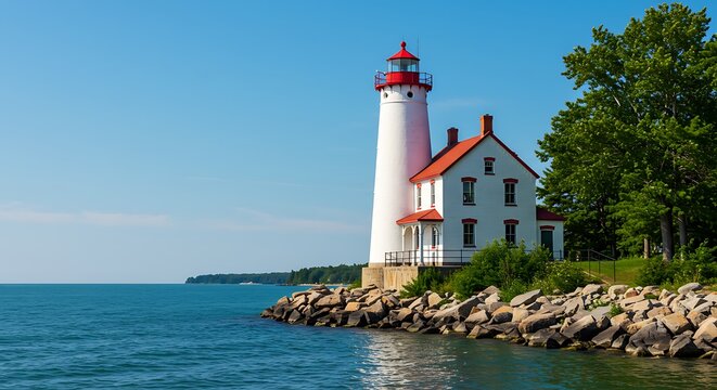Picturesque lighthouse against the serene waterscape and clear blue sky on a radiant day