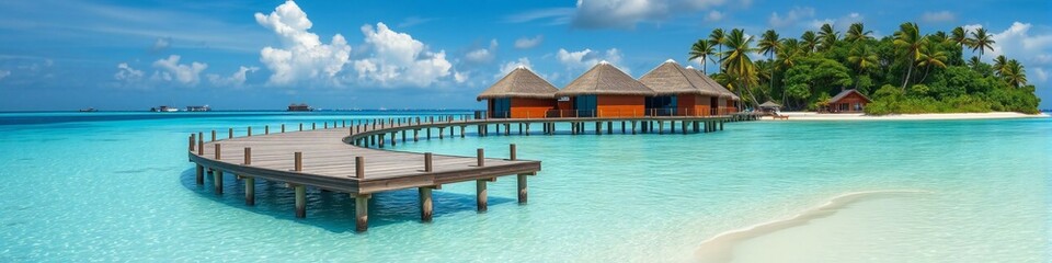 Maldives beach with luxurious water villas