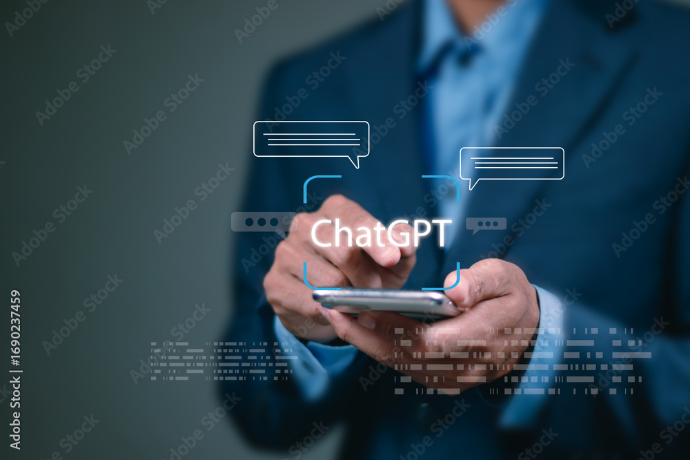 Poster businessman using technology global internet connect. ai tech, chatgpt chat with ai, artificial inte