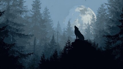 Lone Wolf Howling at the Full Moon in a Misty, Blue-Toned Forest