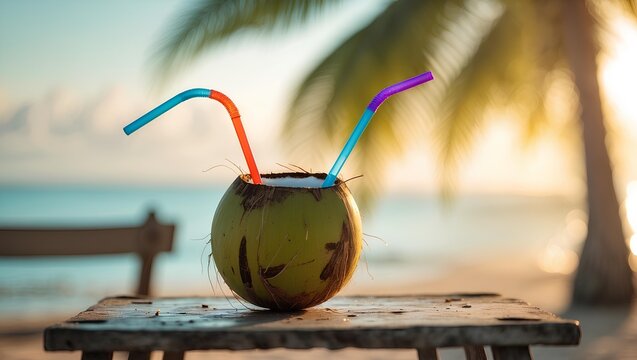 Fresh coconut drink on tropical beach, ideal for vacation branding and summer lifestyle promotions.
