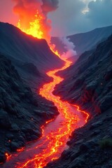 Fiery river of molten rock flows down a volcanic slope, destroying everything in its path A dramatic display of nature's destructive power , lava, geology