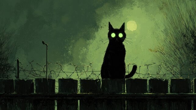 Luminous Green Gaze: A Black Cat's Vigil on a Barbed Wire Fence at Night