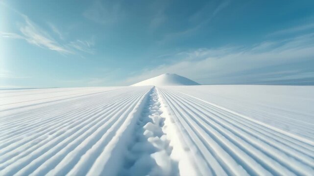 Snowfield With Deep Tracks and Hill Under Blue Sky