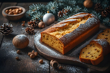 ia generated. Traditional Italian panettone on a rustic wooden table, festive props around it, high-resolution food photography