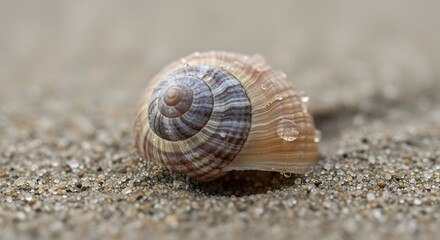 Seashell on Sand with Water Droplets
