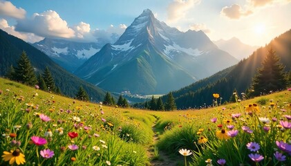 Serene meadow nestled in the shadow of a majestic mountain range, wildflowers in bloom, bathed in golden sunlight A breathtaking vista of nature's beauty , peak, wilderness