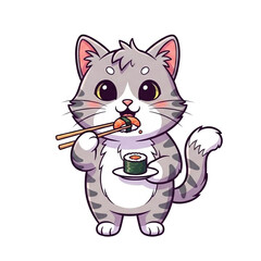 Adorable grey tabby cat cartoon character happily eating sushi with chopsticks on a white background