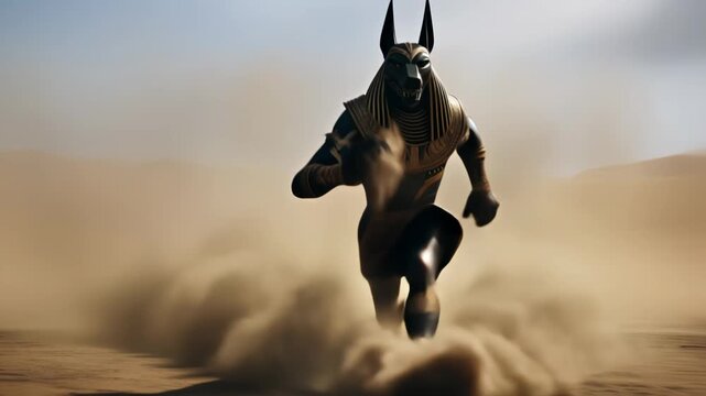 Mystical Anubis emerges from swirling sands in an ancient desert setting, evoking the power of Egyptian mythology

