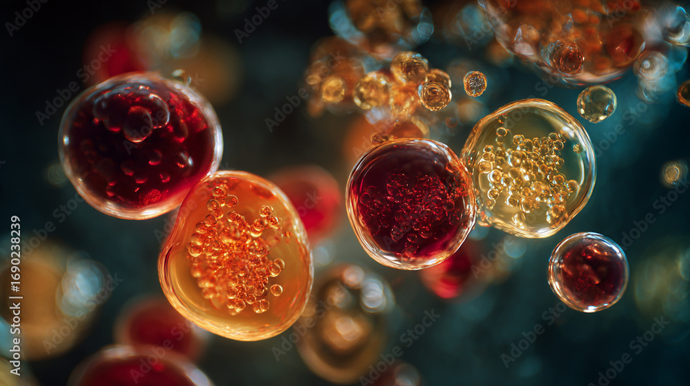 Poster a close up view of several translucent spheres with varying internal structures