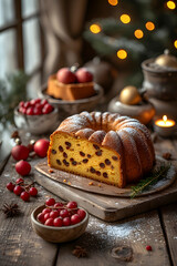 ia generated. Traditional Italian panettone on a rustic wooden table, festive props around it, high-resolution food photography