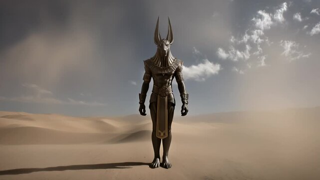 Mystical Anubis emerges from swirling sands in an ancient desert setting, evoking the power of Egyptian mythology

