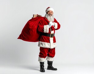  A cheerful Santa Claus standing full body, holding a large red sack of gifts over his shoulder, smiling against a plain white background.