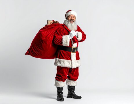  A cheerful Santa Claus standing full body, holding a large red sack of gifts over his shoulder, smiling against a plain white background.