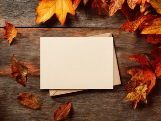 Obraz premium Blank card rests on rustic wooden table surrounded by vibrant autumn leaves, creating warm and inviting seasonal atmosphere
