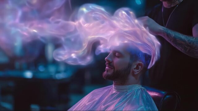 Man Receiving Innovative Hair Treatment with Luminous Energy and Styling Effects in a Salon