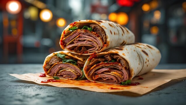 Juicy chicken shawarma wrap with sauce, ideal for restaurant branding, Middle Eastern cuisine marketing.
