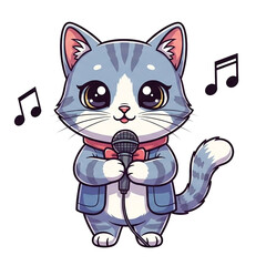 Adorable Cartoon Cat Holding Microphone and Singing with Musical Notes Floating Around, Perfect for Music Lovers and Animal Enthusiasts