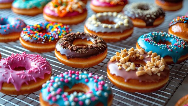 Colorful donuts arranged in pattern, perfect for bakery branding, dessert advertising, or product marketing.