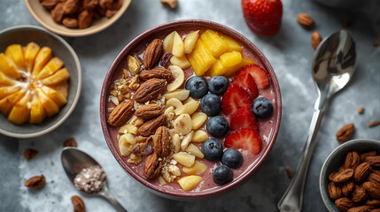 Vibrant and healthy smoothie bowl beautifully arranged with fresh blueberries, strawberries, mango, and a mix of pecans and almonds for a nutritious breakfast