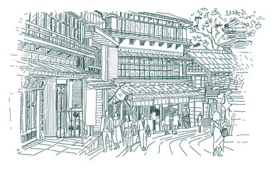 Illustration Sketch Detailed line drawing of the tourist population of  Old Town.