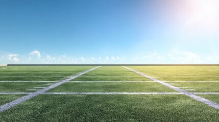 Fototapeta premium A wide shot of a green soccer field with white lines, surrounded by empty bleachers. The sky is blue with white clouds.