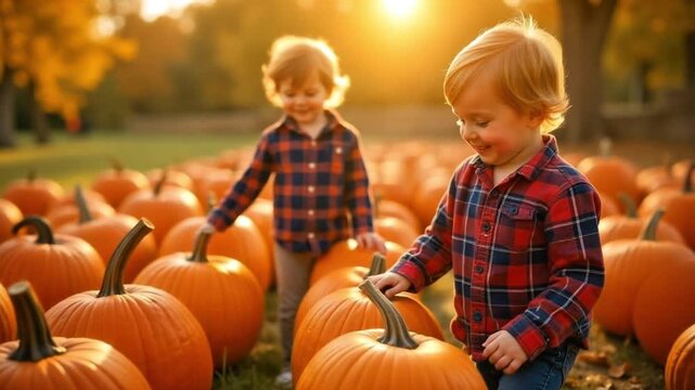 Two toddler boys enjoy a sunny day at a pumpkin patch filled with bright orange gourds