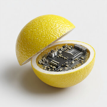 Lemon cut open to reveal a compact circuit on a pure white background