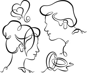 Continuous one line drawing woman and man.Loving couple.Set about love.Heart and word love.Ink line. Line art.One continuous line isolated illustration.Not AI.