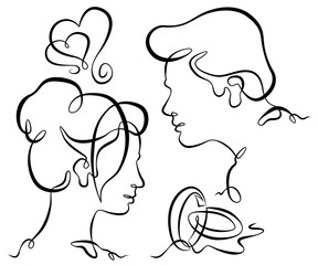 Continuous one line drawing woman and man.Loving couple.Set about love.Heart and word love.Ink line. Line art.One continuous line isolated illustration.Not AI.