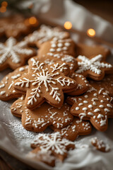 ia generated. Close-up of gingerbread cookies decorated with white icing, festive blurred background, macro details

