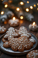 ia generated. Close-up of gingerbread cookies decorated with white icing, festive blurred background, macro details
